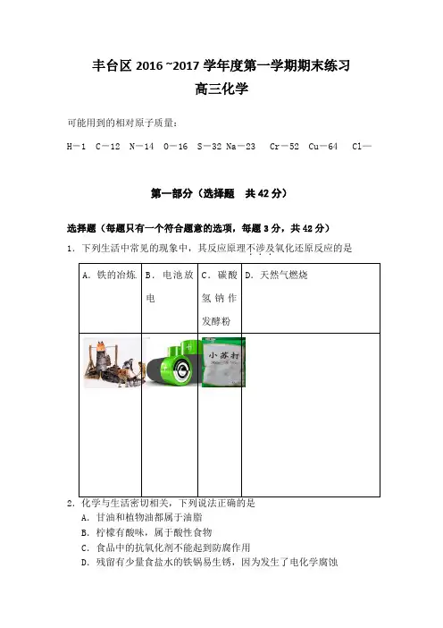 北京市丰台区届高三上学期期末考试化学试题