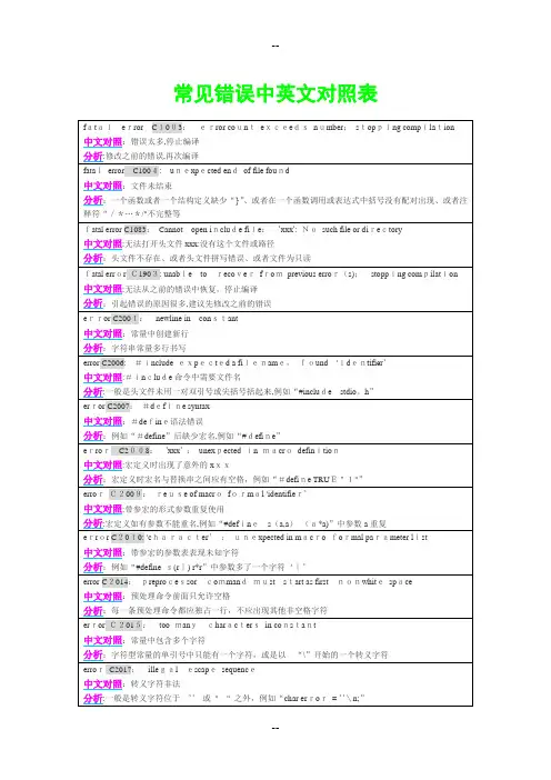 C语言常见错误中英文对照表