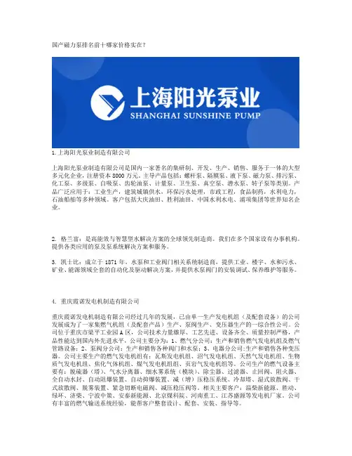 国产磁力泵排名前十哪家价格实在？