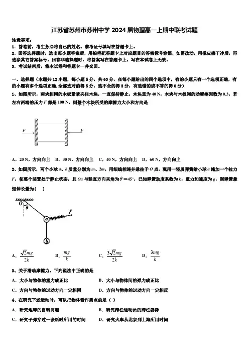 江苏省苏州市苏州中学2024届物理高一上期中联考试题含解析