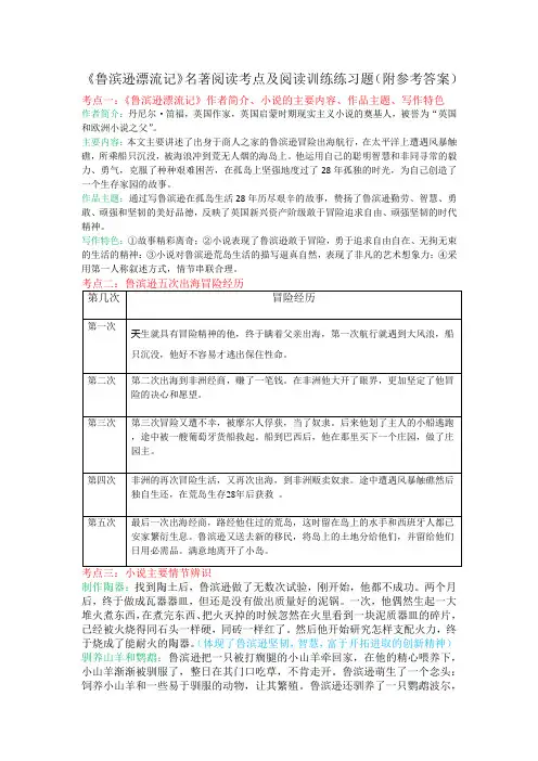《鲁滨逊漂流记》名著阅读考点及阅读训练练习题(附参考答案)