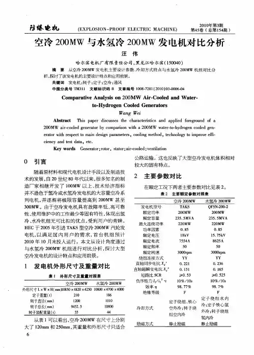 空冷200MW与水氢冷200MW发电机对比分析