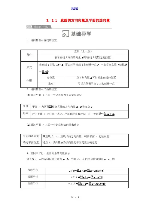 高中数学 第三章 空间向量与立体几何 3.2 立体几何中的向量方法 3.2.1 直线的方向向量及平面