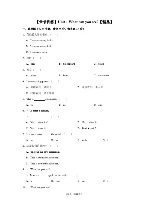 四年级上册英语试题- unit 1 what can you see  湘鲁版  含答案