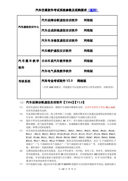 汽车仿真软件考试系统参数及采购要求