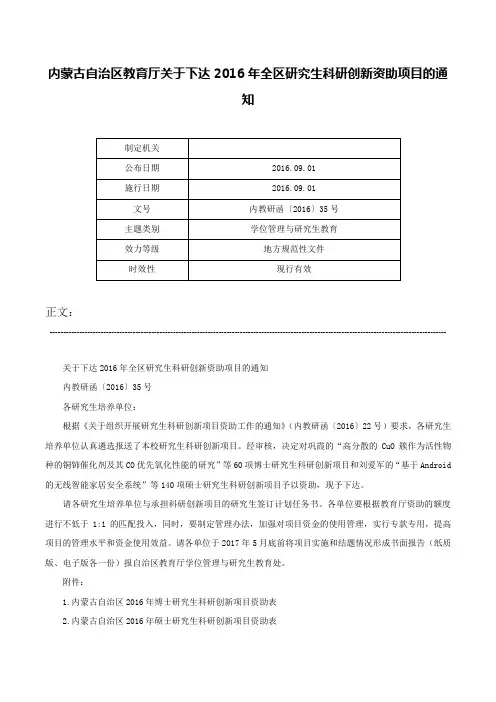 内蒙古自治区教育厅关于下达2016年全区研究生科研创新资助项目的通知-内教研函〔2016〕35号
