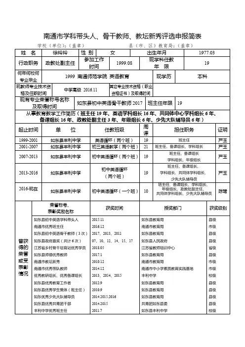 南通市学科带头人、骨干教师、教坛新秀评选申报简表