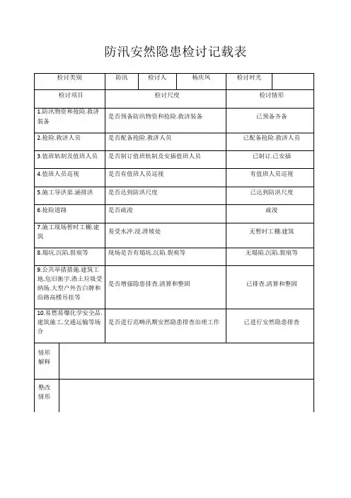 防汛安全隐患检查记录表