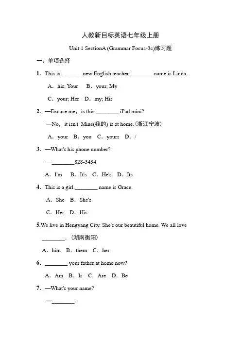 人教新目标英语七年级上册Unit 1 SectionA (Grammar Focus-3c)练习题(含答案)
