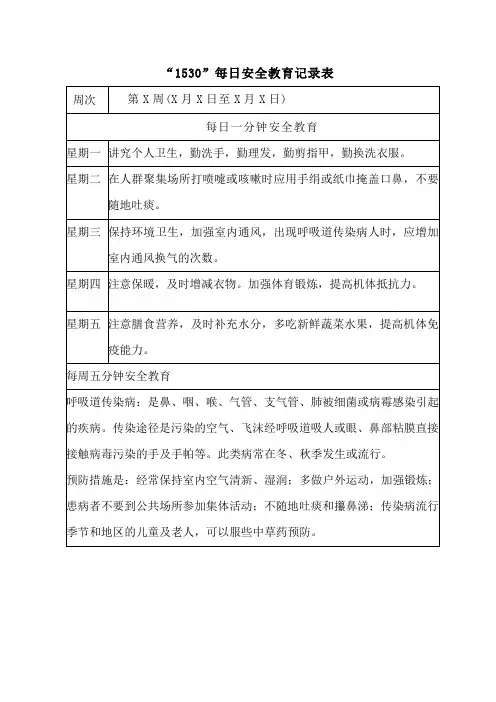 “1530”每日安全教育记录表