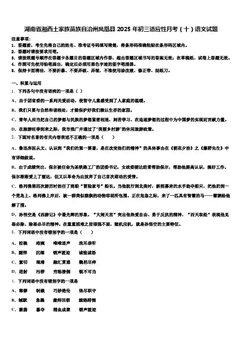 湖南省湘西土家族苗族自治州凤凰县2025年初三适应性月考(十)语文试题含解析
