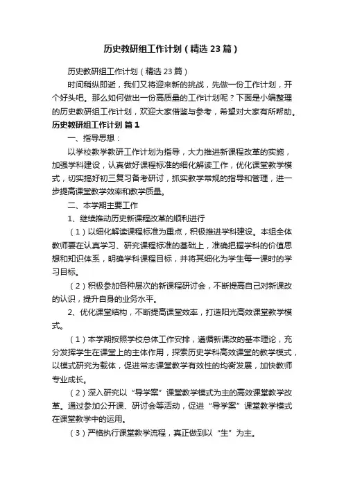 历史教研组工作计划（精选23篇）