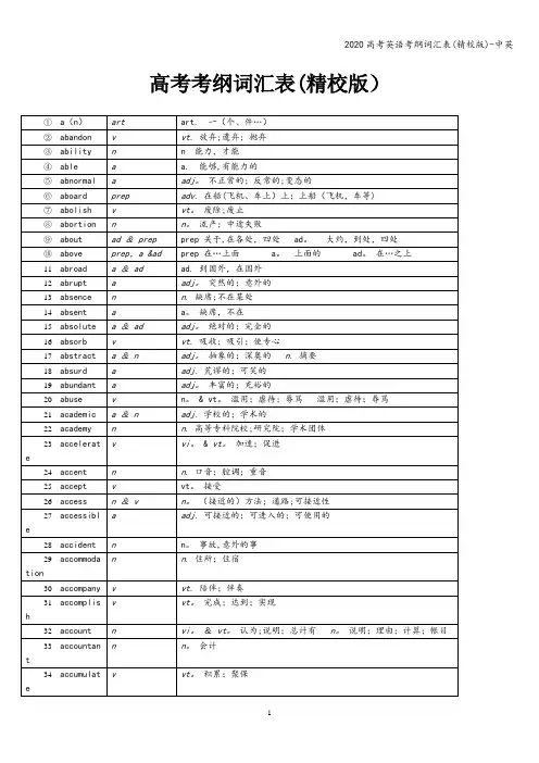 2020高考英语考纲词汇表(精校版)-中英