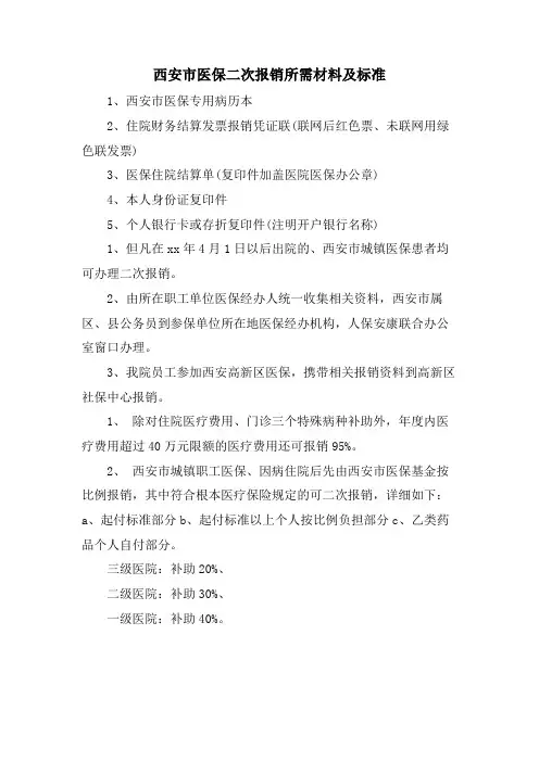西安市医保二次报销所需材料及标准