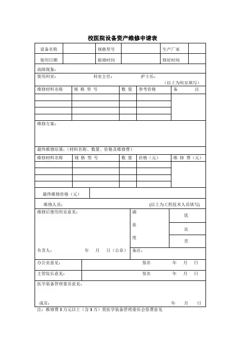 校医院设备资产维修申请表