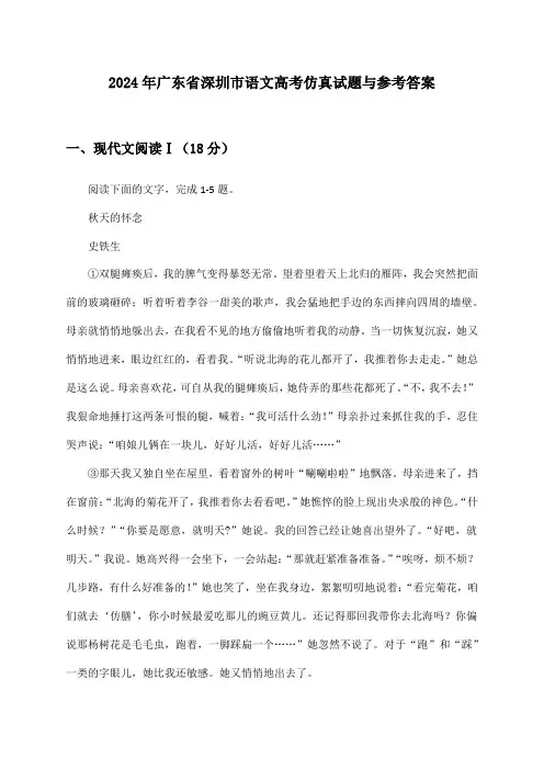 广东省深圳市语文高考2024年仿真试题与参考答案