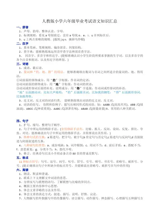 人教版小学六年级毕业考试语文知识汇总