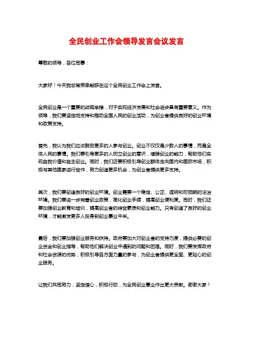 全民创业工作会领导发言会议发言