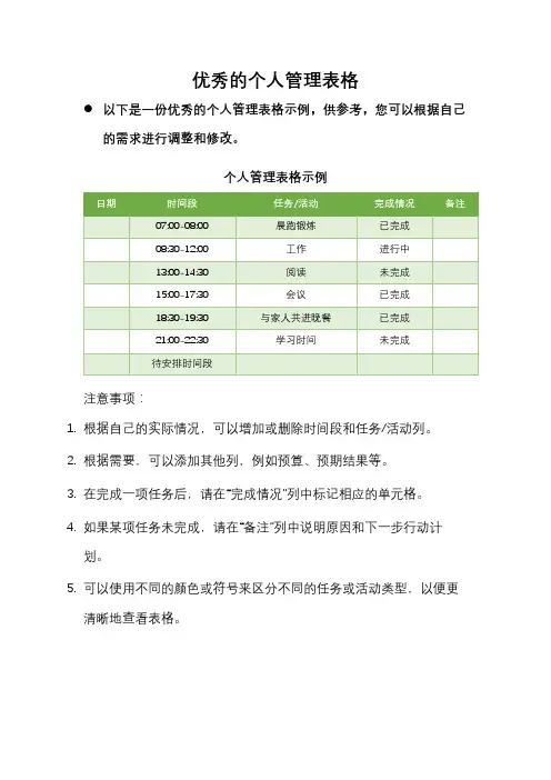 优秀的个人管理表格