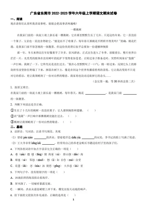 广东省东莞市2022-2023学年六年级上学期语文期末试卷(含答案)