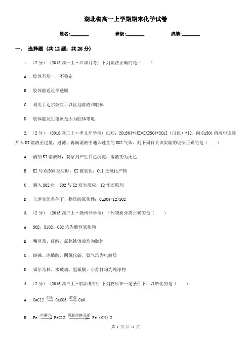 湖北省高一上学期期末化学试卷