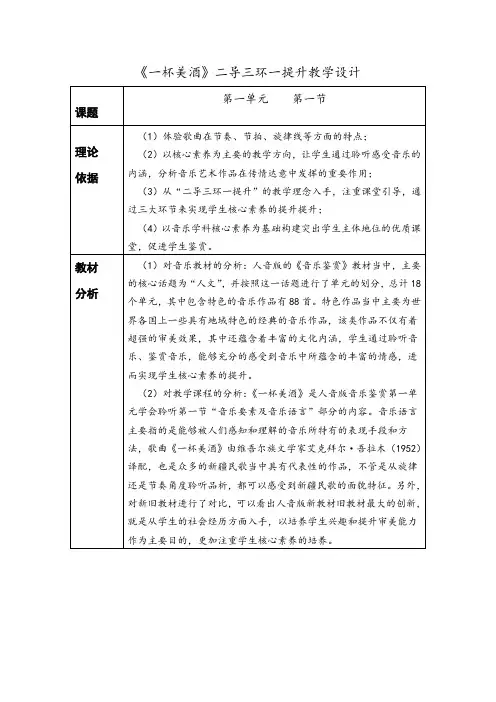 1.1作品鉴赏一杯美酒教学设计高中音乐人音版必修音乐鉴赏