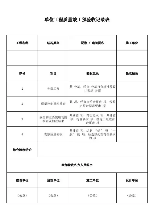 单位工程质量竣工预验收记录表