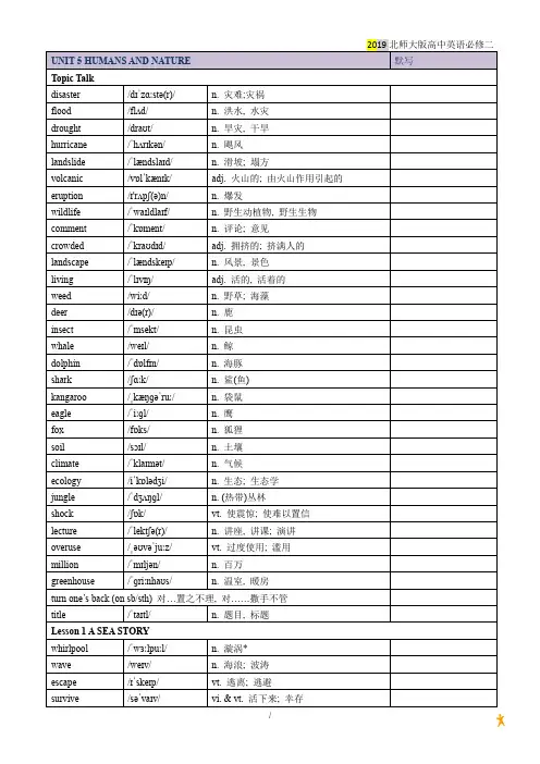 北师大2019新版高中英语必修二UNIT 5 HUMANS AND NATURE  单词表