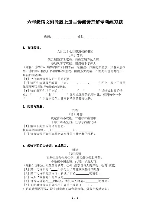 六年级语文湘教版上册古诗阅读理解专项练习题