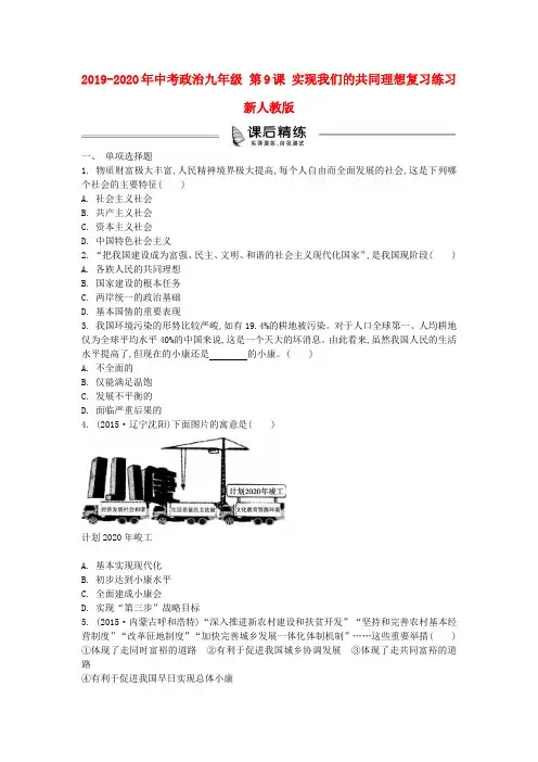 2019-2020年中考政治九年级 第9课 实现我们的共同理想复习练习 新人教版