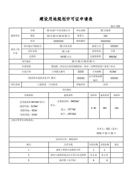 建设用地规划许可证申请表