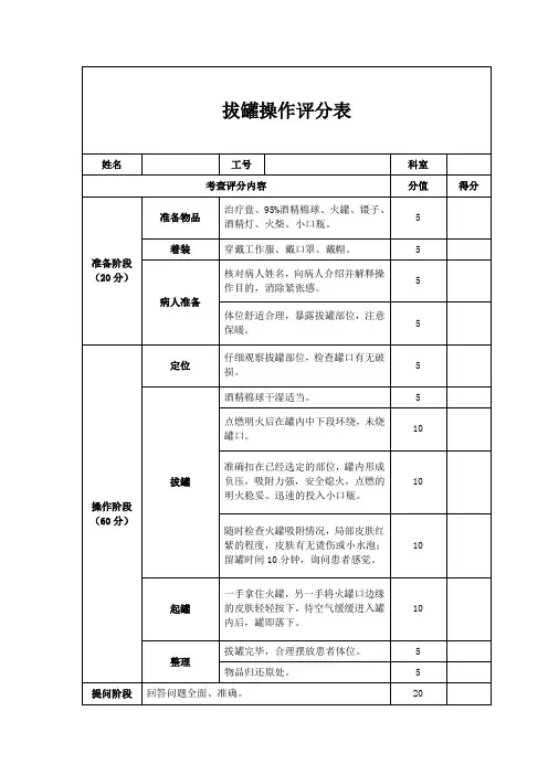 内科技能考核拔罐操作评分表