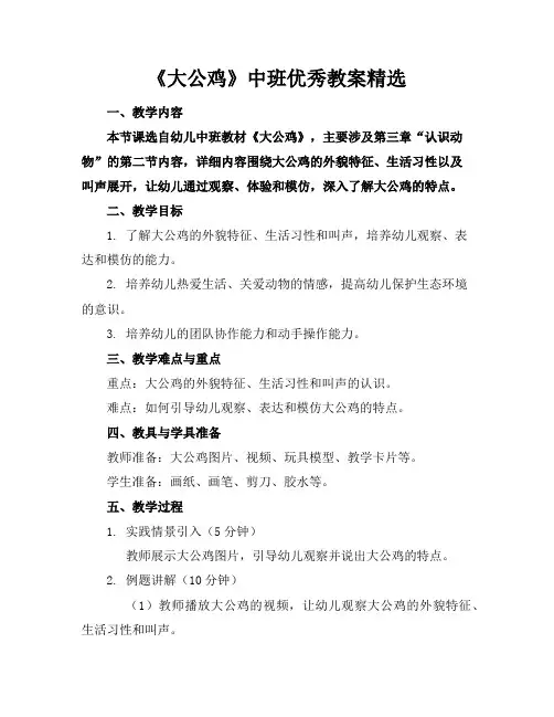 《大公鸡》中班优秀教案精选