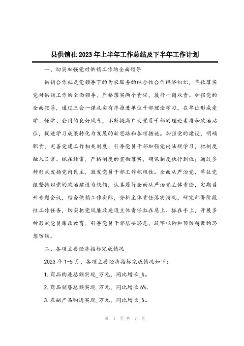 2024年县供销社2023年上半年工作总结及下半年工作计划