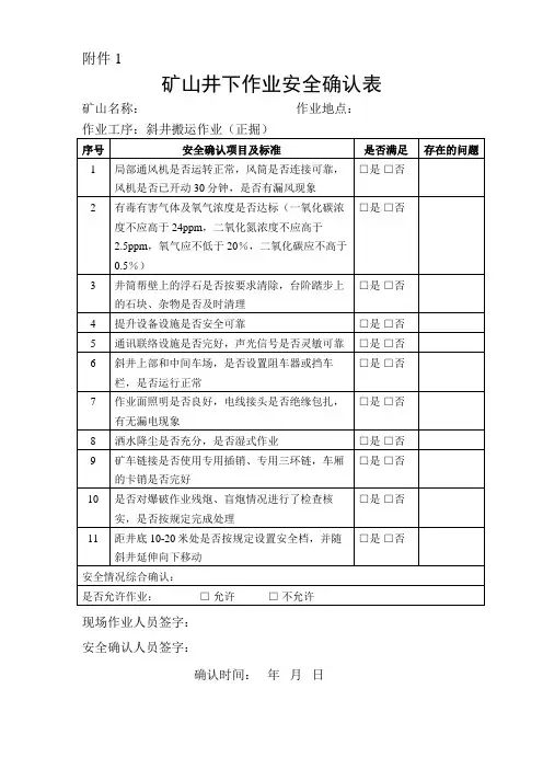 矿山井下作业安全确认表
