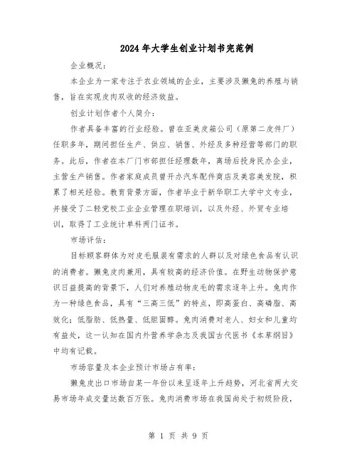 2024年大学生创业计划书完范例（三篇）