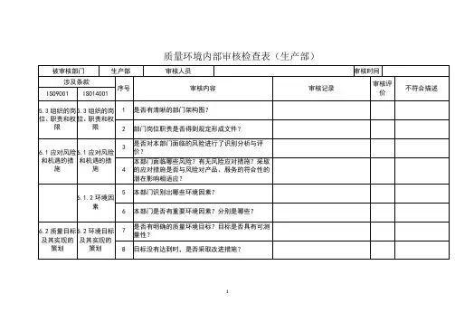 2022年质量环境管理体系内部审核检查表(生产部)