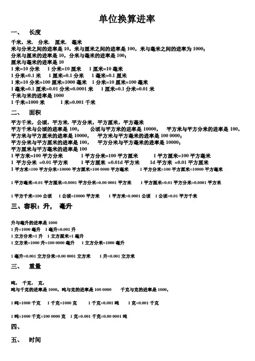 小学数学单位换算进率表大全