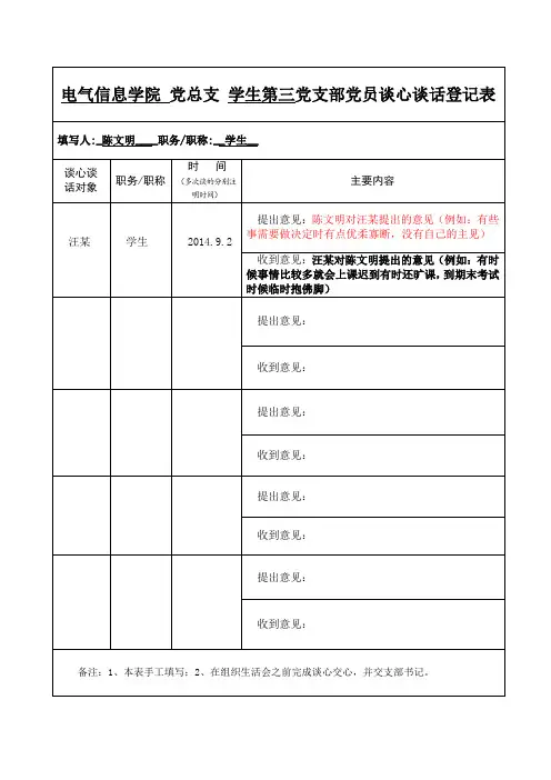 党支部党员谈心谈话登记表模板