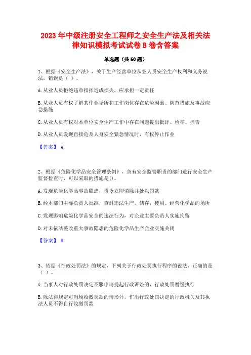 中级注册安全工程师之安全生产法及相关法律知识模拟考试试卷B卷含答案