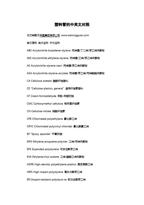 塑料管的中英文对照