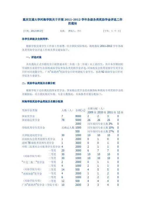 重庆交通大学河海学院2011-2012学年各级各类奖助学金评选工作细则