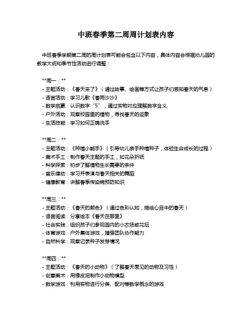 中班春季第二周周计划表内容