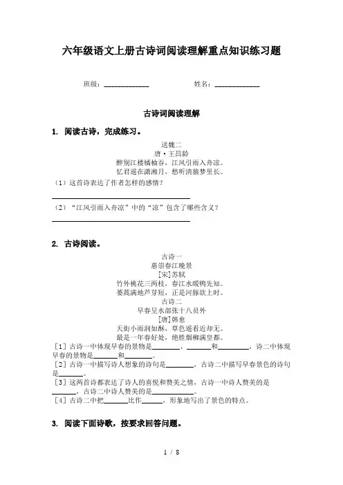 六年级语文上册古诗词阅读理解重点知识练习题