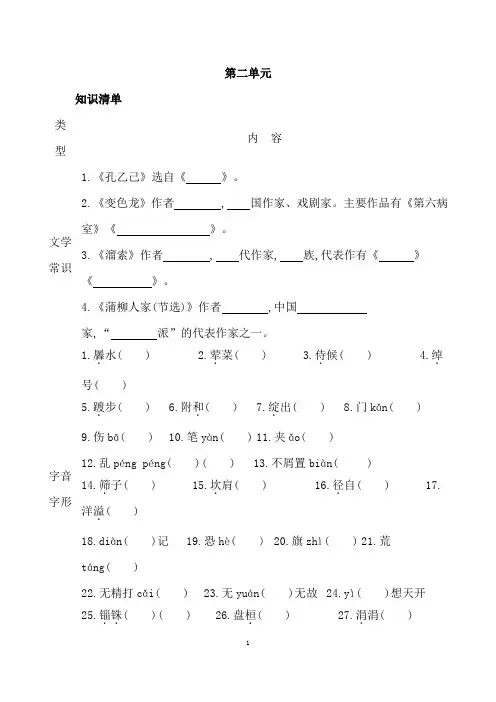 (名师整理)部编人教版语文九年级下册《第二单元》复习知识清单及精讲精练(含答案解析)