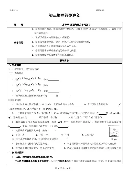 第十章 压强与浮力复习-学生版