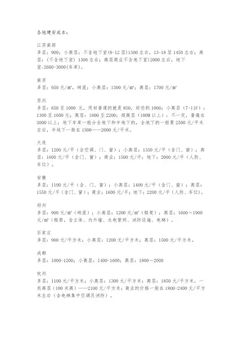 各地建安成本