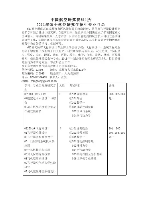 中国航空研究院611所2011硕士研究生招生专业目录和招生简章