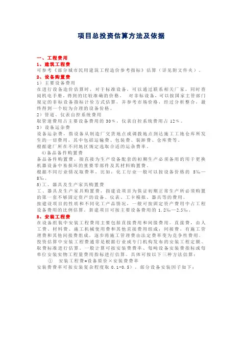 项目总投资估算方法及依据