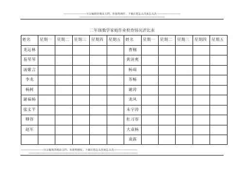二年级数学家庭作业检查情况评比表